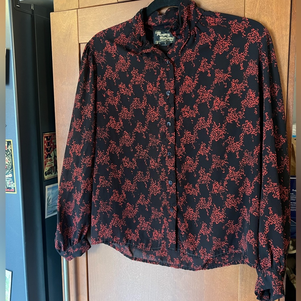 Vintage 70s Marjorie Milton semi sheer blouse houndstooth pattern